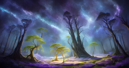 Fototapeta na wymiar AI Digital Illustration Mystical Purple Forest