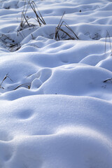 Fototapeta na wymiar Snow drifts in snowbound winter meadow