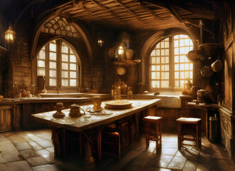 Fototapeta na wymiar atmospheric painting of an old tudor period hall kitchen with jars on shelves and pans hung on walls and a wooden table with food in morning sunlight. generative ai art