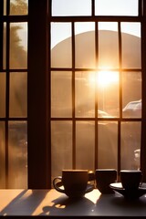 Morning coffee in a cafe by the window, into which the sun's rays fall - generative ai