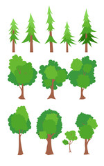 Green trees flat vector illustration. Pine, fir tree, oak, maple. Beautiful green leaves isolated on white. Natural forest plant for landscaping. Ecology garden template. Spring season trees.