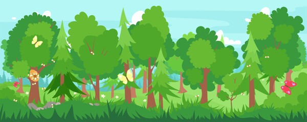 Green trees in forest flat vector illustration. Pine, fir tree, oak, maple. Beautiful green grass. Natural forest landscaping plant. Ecology park template. Spring season landscape with bugs.