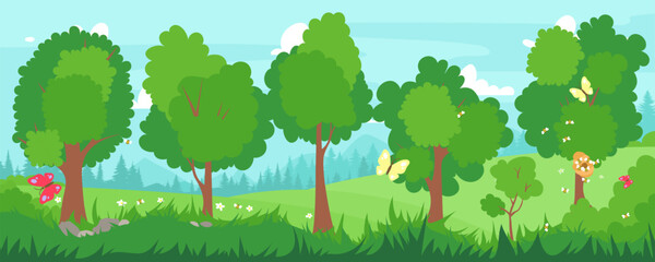 Green trees in forest flat vector illustration. Oak, maple on meadow with bees, butterflies. Beautiful green grass. Natural forest landscaping plant. Ecology park template. Spring season landscape.