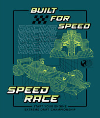 Built for speed, race car wireframe vector illustration print