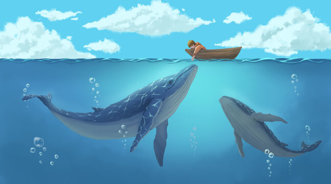 Boys And Whale Illustration hand drawn digital art, digital painting
