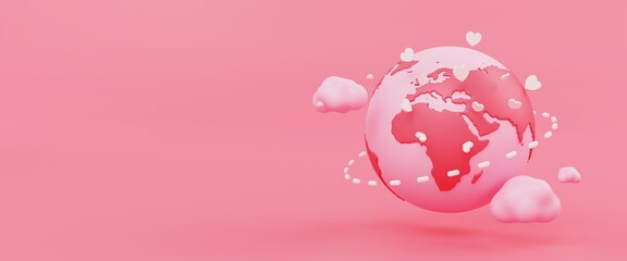 Valentine's day concept. pink globe monochrome, floating elements with copy space 3d illustration.