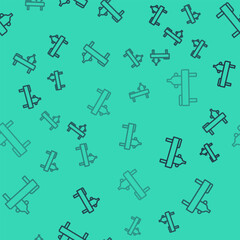 Black line Massage table with oil icon isolated seamless pattern on green background. Vector