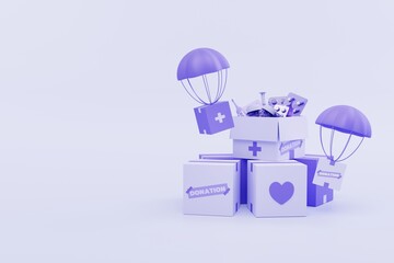 medicine donation concept. cardboard boxes full of medicine and parachute box. charity donation boxes 3d illustration