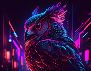 The owl illustration with abstract neon effect. Generative AI.