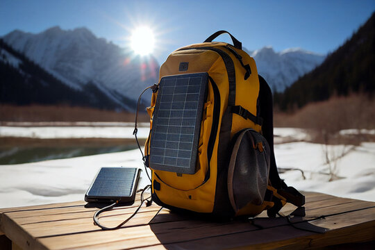 A backpack with a solar battery charging on a wooden table against the backdrop of mountains, tourism and hiking in the mountains on nature with solar energy technologies. Generative AI