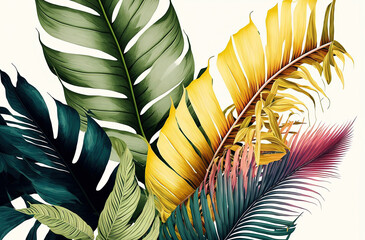 Generative AI Ilustration of background Colorful tropical palm leaves