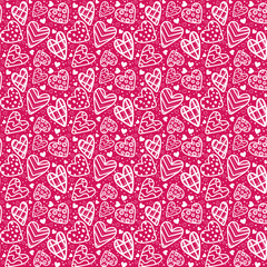 Seamless pattern with various white hearts and spot on pink background
