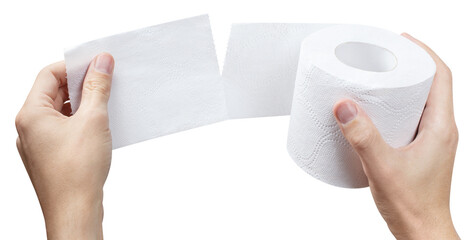 Hands unrolling toilet paper roll cut out