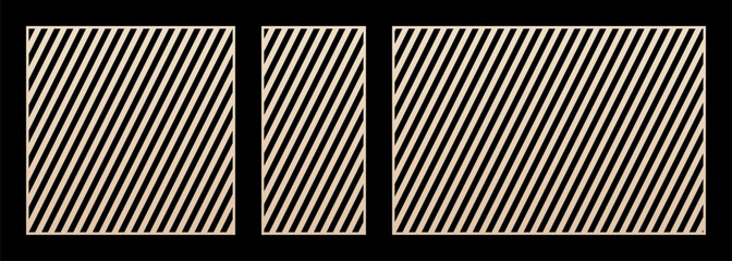 Laser cut patterns. Abstract geometric collection with diagonal lines, straight parallel stripes. Decorative panels. Stencil for CNC or laser cutting of wood, metal, paper. Aspect ratio 1:1, 1:2, 3:2