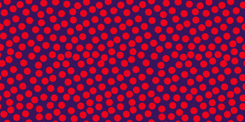 Polka dot vector seamless pattern. Abstract minimal funky texture with small irregular red circles on purple background. Modern dots ornament pattern. Stylish repeat design for decor, print, wallpaper