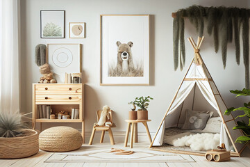 Children's bright room in modern Scandinavian style, eco concept with wooden elements, toys and frame with poster mockup. Generative AI