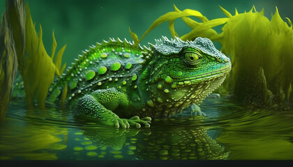 Fototapeta premium Large green lizard in jungle illustration Generative AI