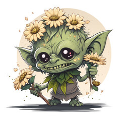 A cute green Goblin with flowers. Illustration created with Generative AI. - obrazy, fototapety, plakaty