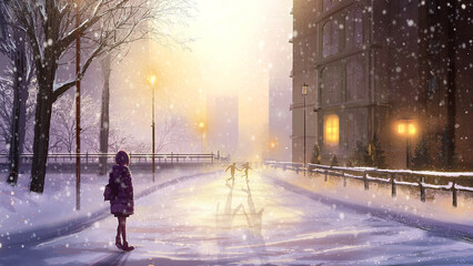 Meet On The Road In Winter Illustration hand drawn digital art, digital painting