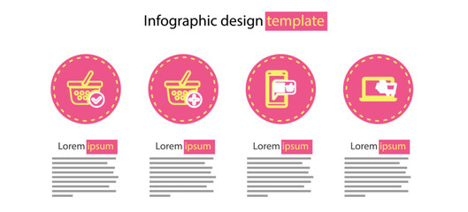 Set line Mobile and shopping basket, Shopping cart on laptop, Add and with check mark icon. Vector