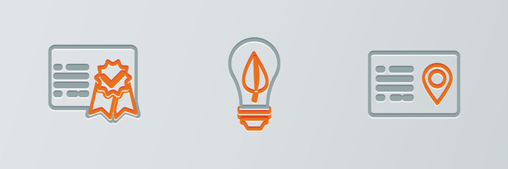 Set line Address book, Certificate template and Light bulb with leaf icon. Vector
