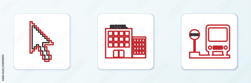 Poster set line bus stop, pixel arrow cursor and hotel building icon. vector