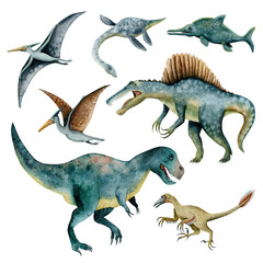 Watercolor dinosaurs illustration set with preditory tyrannosaur, spinosaurus, flying dunosaurs and veloiraptor