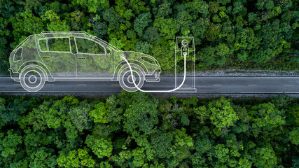 Electric vehicle car going through forest, EV electrical energy for environment, Nature power...