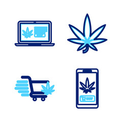 Set line Online buying marijuana, Shopping cart with, Marijuana or cannabis leaf and icon. Vector