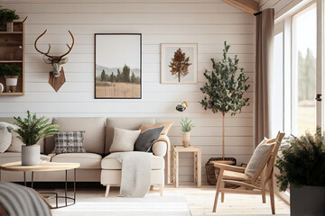 Stylish designer interior of the living room of the house with a comfortable sofa, pillows, lamp and paintings mockup, in stylish light colors. Generative AI