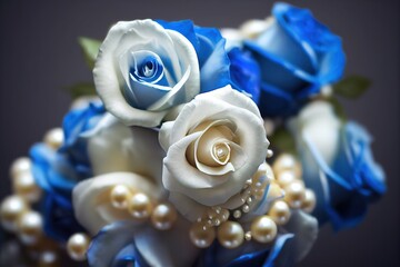 White and blue roses with pearls. Vintage still life composition. Generative AI - obrazy, fototapety, plakaty