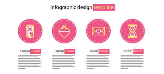 Set line Envelope with Valentine heart, Heart the center hourglass, Bottle love potion and Mobile icon. Vector