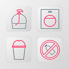 Set line No plastic bottle, Paper glass water, Battery in pack and Bottle of liquid soap icon. Vector