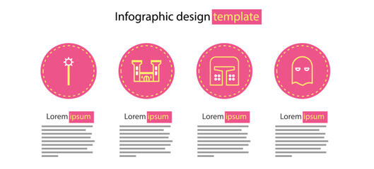 Set line Medieval iron helmet, Executioner mask, Castle and chained mace ball icon. Vector