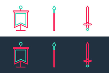 Set line Medieval sword, flag and spear icon. Vector