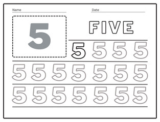 The practice of writing numbers 5 Tracking worksheet learn to count and write