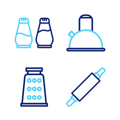 Set line Rolling pin, Grater, Kettle with handle and Salt pepper icon. Vector