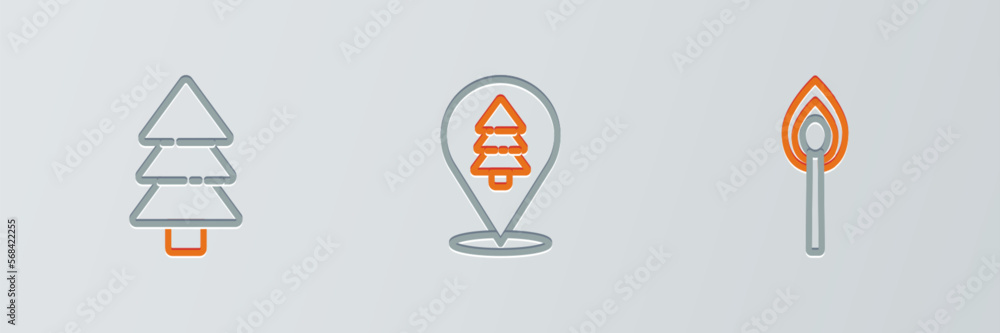 Poster set line burning match with fire, tree and location of the forest icon. vector