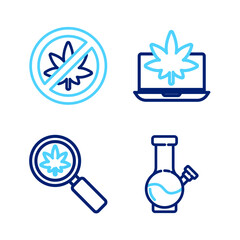 Set line Glass bong for smoking marijuana, Magnifying glass and, Laptop cannabis and Stop leaf icon. Vector