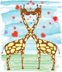 Beautiful drawn cartoon giraffes in love, surrounded by hearts and butterflies, stand on the grass, watercolor effects are a wonderful background for a card and design