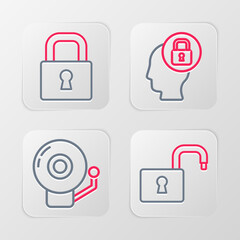 Set line Open padlock, Ringing alarm bell, Human head with and Lock icon. Vector
