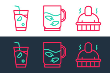 Set line Sauna and spa procedures, Fresh smoothie and Cup of tea leaf icon. Vector