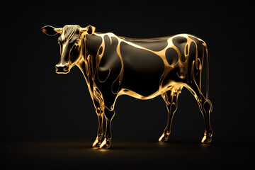 Fototapeta na wymiar Portrait of a gold-covered cow on a black background, generative ai
