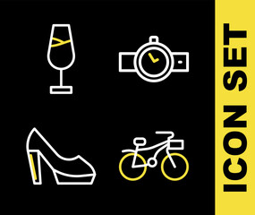Set line Wrist watch, Bicycle, Woman shoe and Wine glass icon. Vector