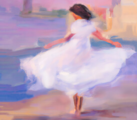 A woman in a white dress turning. Painting