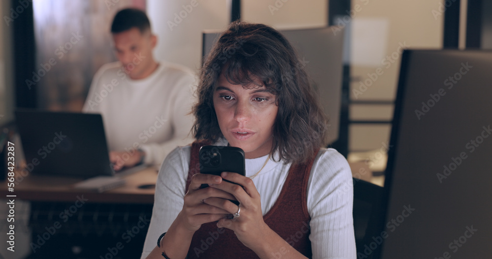 Aufkleber Smartphone, office and business woman with social media networking, feedback and online review of data analytics, seo and app management. Focus, typing and digital marketing worker on cellphone chat