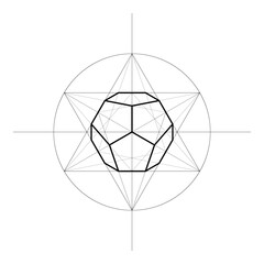 Dodecahedron. Platonic Solid shapes contains 12 faces, 20 vertices and 30 edges. Building a drawing. Vector illustration.