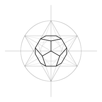 Dodecahedron. Platonic Solid shapes contains 12 faces, 20 vertices and 30 edges. Building a drawing. Vector illustration.