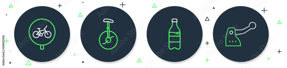 Sticker Set line Unicycle or one wheel bicycle, Sport bottle with water, Bicycle and brake icon. Vector