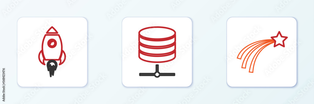 Poster set line falling star, rocket ship with fire and server, data, web hosting icon. vector
